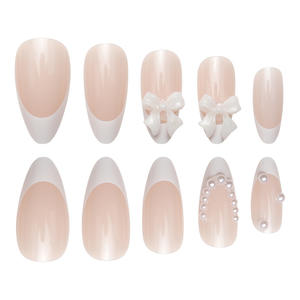 <span class=keywords><strong>Uñas</strong></span> Postizas Blancas con Perla Francesa, Lazo Blanco, <span class=keywords><strong>Color</strong></span> <span class=keywords><strong>Carne</strong></span>, Puntiagudas, Nude, Cobertura Completa, <span class=keywords><strong>Uñas</strong></span> a Presión, Forma de Almendra con Mariposa, 24 Piezas - Product Image 3