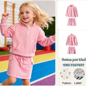 ชุดเสื้อสเวตเชิ้ตครึ่งซิปสีชมพูสำหรับแม่และลูก พร้อมกระโปรงและกางเกงขาสั้น - Product Image 1