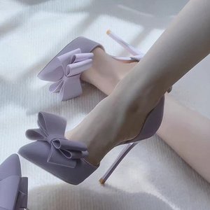 K68 New Fashionable Sweet High Heels Super High Heels Shallow Mouth Pointed Side Hollow <b>Bow</b> Single Shoes for Women - Product Image 1