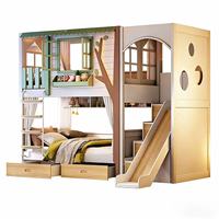 JS FURNITURE Nouveau design Lit double en bois de luxe pour enfants Meubles de chambre à coucher Lit en bois avec toboggan en arc et escalier de rangement