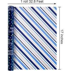 Rollo de Papel de Regalo de Cumpleaños Azul Metálico Holográfico, Papel de Regalo Reversible con Rayas, 46.5 Pies Cuadrados - Product Image 5