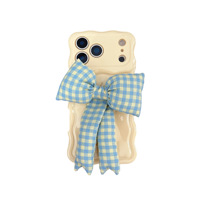 Coque Coréenne à Nœud Papillon à Carreaux Bleus pour iPhone 17 Pro Max, Coque Ondulée pour iPhone 17 16 15 14 13
