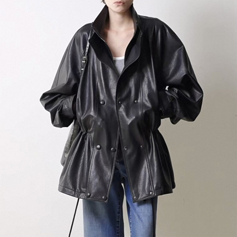 5201 New Black Vintage Waxed Sheepskin Casual Double-breasted Zip Leather Jacket Coat for Women