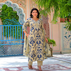 Ensemble de costume de créateur en coton beige bleu premium 60x60 avec kurta imprimé, pantalon assorti et dupatta pour femmes, vêtements ethniques - Product Image 1