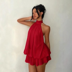 Wholesale Women's <strong>Sexy</strong> Summer Solid Color Ruffle Ladies Halter Backless Dresses Slim-fit Lace-up Waist Tight Top <strong>Short</strong> <strong>Skirt</strong> - Product Image 2