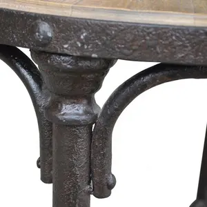 HL401 Antique French Style Industrial Metal Frame Round Side Coffee End Table With Recycled Solid Wooden Top