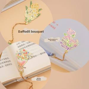 Marque-page en métal créatif, série mini-fleurs, en laiton avec pompon, motif chinois classique, en stock, cadeaux exquis et abordables - Product Image 3