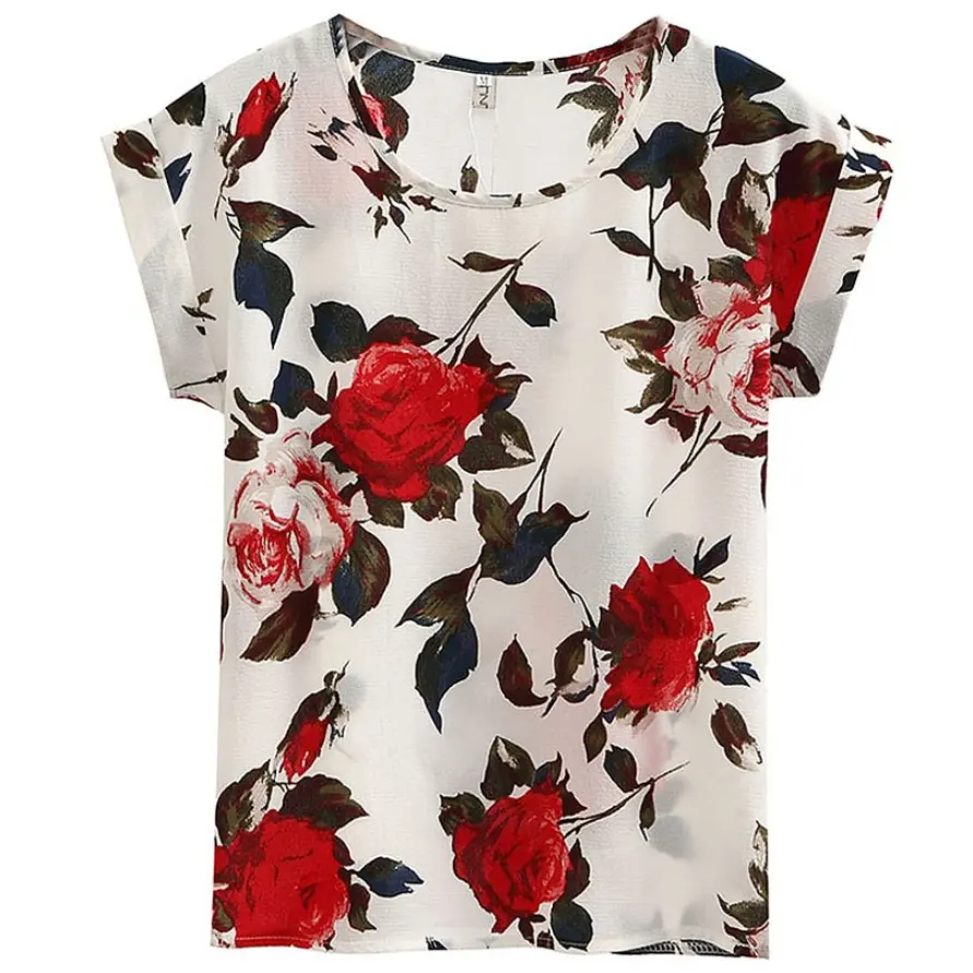 Plus Size Blusas Mujer Women's Flower Print Floral Short Sleeve Chiffon Shirt Summer Holiday Wear Tunic White Tops And Blouses