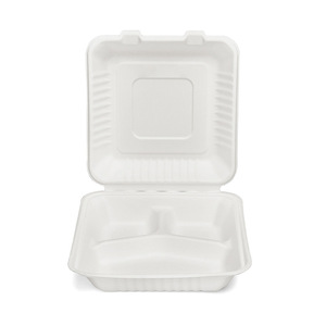 Boîte à lunch jetable en pulpe de bagasse de canne à sucre 480x385x250mm, trois compartiments, rectangulaire, conteneur alimentaire biodégradable - Product Image 1