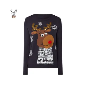 Nanteng Custom Polyester Close Fitting Long Style Elk Pattern Sequin Antlers Adult Woman Pullover Christmas Sweater