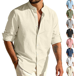 Camicie da <span class=keywords><strong>uomo</strong></span> in <span class=keywords><strong>lino</strong></span> a maniche lunghe con colletto alla coreana, polsini regolabili, tasca sul petto, traspiranti, leggere, ideali per le vacanze, personalizzabili OEM - Product Image 3