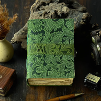 El Yapımı Hakiki Deri Kaplı Yeşil Günlük Defter Kabartmalı Çiçek Desenli Vintage Günlük C-Kilitli Kapatma Asitsiz