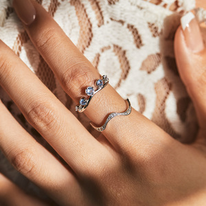 S925 Sterling Silver Curved Crown <b>Ring</b> With Gradient Blue Zircon Delicate Stackable Jewelry Gift For Ladies Daily Dating Wear - Product Image 4