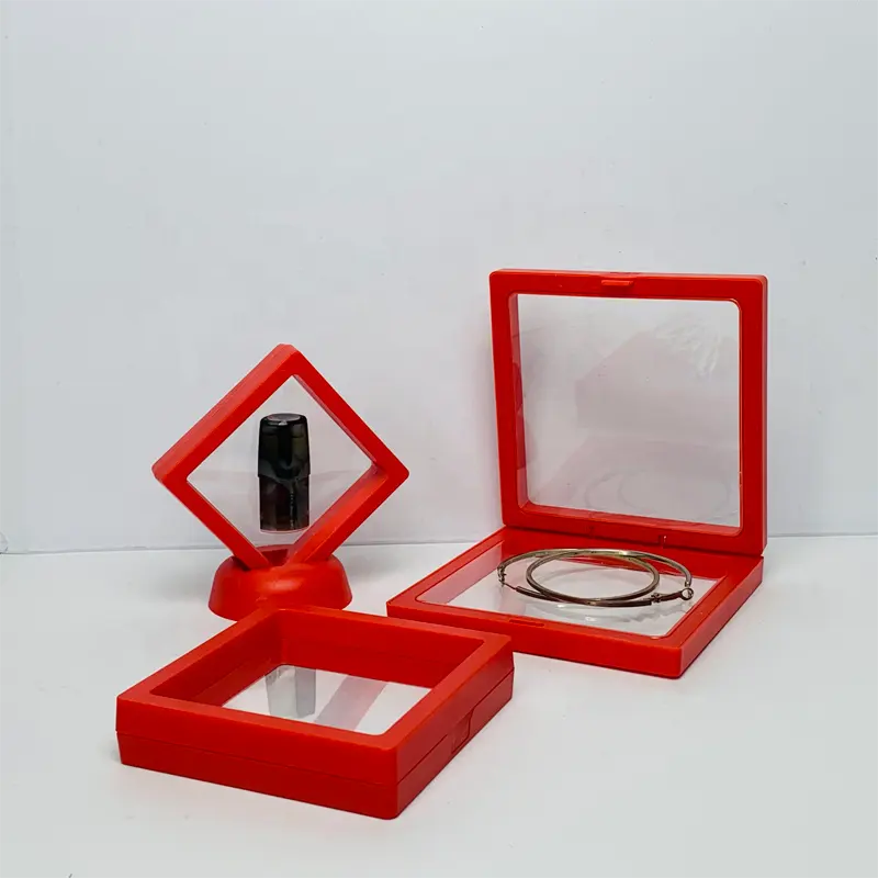 Büyük stok kırmızı renkli şeffaf PE Film süspansiyon hediye ambalaj kutusu 3D yüzen çerçeve vitrin takı saklama kutusu