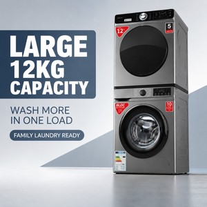 Ensemble <span class=keywords><strong>lave</strong></span>-<span class=keywords><strong>linge</strong></span> <span class=keywords><strong>séchant</strong></span> superposé 12 kg avec moteur BLDC, machine à laver séchante à chargement frontal entièrement automatique, appareil électroménager pour la lessive - Product Image 3