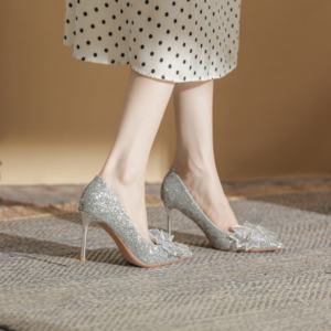 Chaussures de mariage d'été de style français, élégantes pour femmes, avec nœud décoratif, semelle épaisse, talons aiguilles, en cuir véritable - Product Image 2
