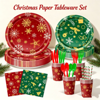 Lot de vaisselle jetable de Noël Lanweier en gros – Assiettes, gobelets, serviettes et couverts en papier flocon de neige rouge et vert pour fête