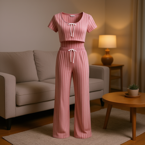 Tc361 Completo Tuta Sportiva da Donna a Righe, Top Corto a Maniche Corte e Pantaloni Lunghi, Traspirante, Vestibilità Comoda, Primaverile, in Modal e Spandex - Product Image 2