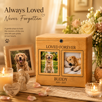 Urne funéraire élégante en bambou de qualité supérieure pour cendres d'animaux de compagnie, avec double cadre photo, pour chien et chat, cadeau commémoratif
