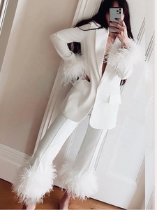 AIMEISI fabbrica di porcellana inverno elegante colletto in raso giacca decorazione con piume pantaloni dritti completo due pezzi completo completo da <span class=keywords><strong>donna</strong></span> - Product Image 2