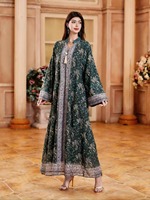 Robe Abaya Modeste en Polyester Respirant pour Femmes Musulmanes, Élégante pour Mariage et Soirée, Anti-statique, Col en V Thermocollé, Imprimé Ethnique à Pompons