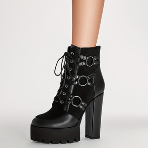 Front Lace up Round Toe Short Booties Women Side Zipper Ankle <b>Boots</b> Metal Buckles Chunky Heels Shoes - Product Image 3