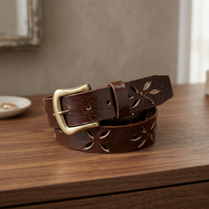 Brown Cutout Leather <b>Belt</b> Steel Pin Eco-Friendly Waterproof <b>Vintage</b> Bohemian Style Casual Heavy Duty 3.8CM Width Durable - Product Image 1
