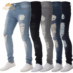 Mode Heren Stijlvolle Katoenen Gescheurde Jeans Broek Biker Skinny Slim Fit Hiphop Denim Broek Streetwear Casual Denim Jean Heren