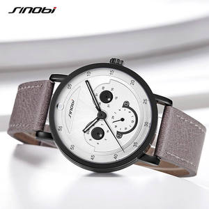 Montre à quartz pour homme, cadran multifonction, <span class=keywords><strong>jour</strong></span>, <span class=keywords><strong>date</strong></span>, sous-cadrans 24 heures, boîtier noir, bracelet en cuir - Product Image 4