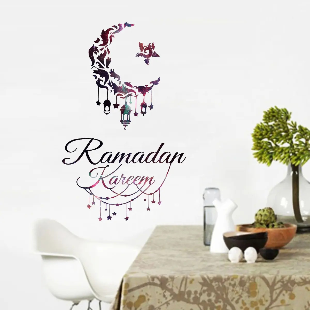 30X45Cm Ramadan Kareem Muursticker Voor Home Ramadan Sticker Eid Mubarak Muurstickers Maan Ster Lantaarn Venster Klampt Zich Vast