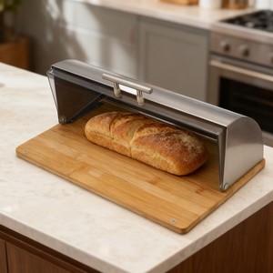 Boîte à pain en acier inoxydable avec planche à découper en bambou 38x27x14cm, rangement de cuisine pour pain frais - Product Image 1