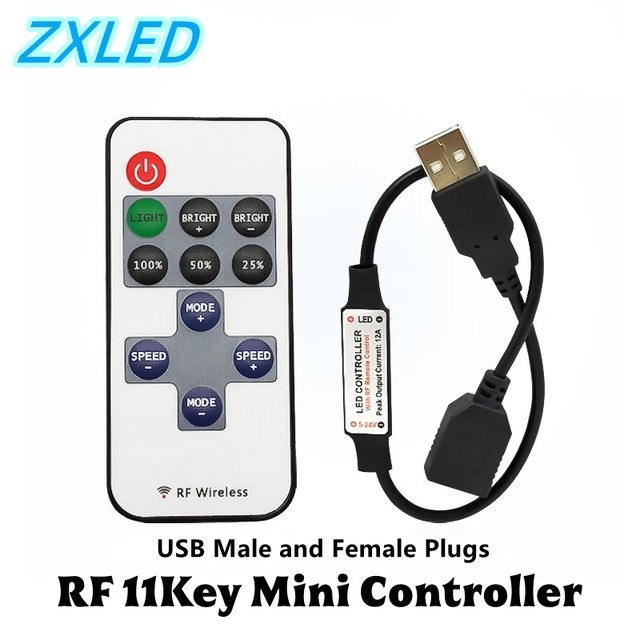 RF 11Keys LED Strip Controller DC5V USB Male and Female Interface Controller for 5050/2835/COB LED Monochrome Light Stirp Dimmer
