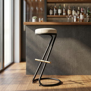 Fauteuil à bascule moderne du milieu du siècle, tissu bleu, structure métallique, base en bois, meubles de salon - Product Image 1