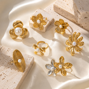 Gold Plated Stainless Steel Jewelry Sunflower Sticky Pearls Open End <b>Ring</b> Hundred <b>Titanium</b> Steel <b>Ring</b> for Engagement Party Gift - Product Image 4