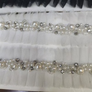 AFFINITY 주름 거즈 메쉬 프릴 진주 레이스 수제 구슬 체인 크리스탈 라인 석 레이스 트림 트위드 스타일 의류 플래켓 - Product Image 4