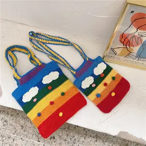 New Colorful Crochet knitted Crossbody Bag Women Handmade Shoulder Bag Rainbow Knitting Crochet Tote Bag