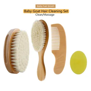 Custom Baby Hair Care Comb Brush Set Natural Soft Goat Hair Wool Brush Eco-friendly Wood Handle Newborn Bath Clean Massage Kits