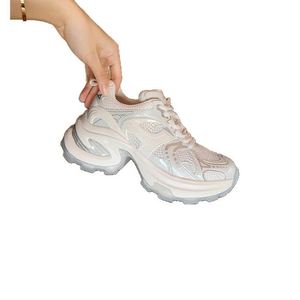 Chaussures pour femmes en cuir véritable, style Dad Shoes, avec empeigne en maille blanc argenté, semelle épaisse rehaussante, baskets de sport décontractées - Product Image 4