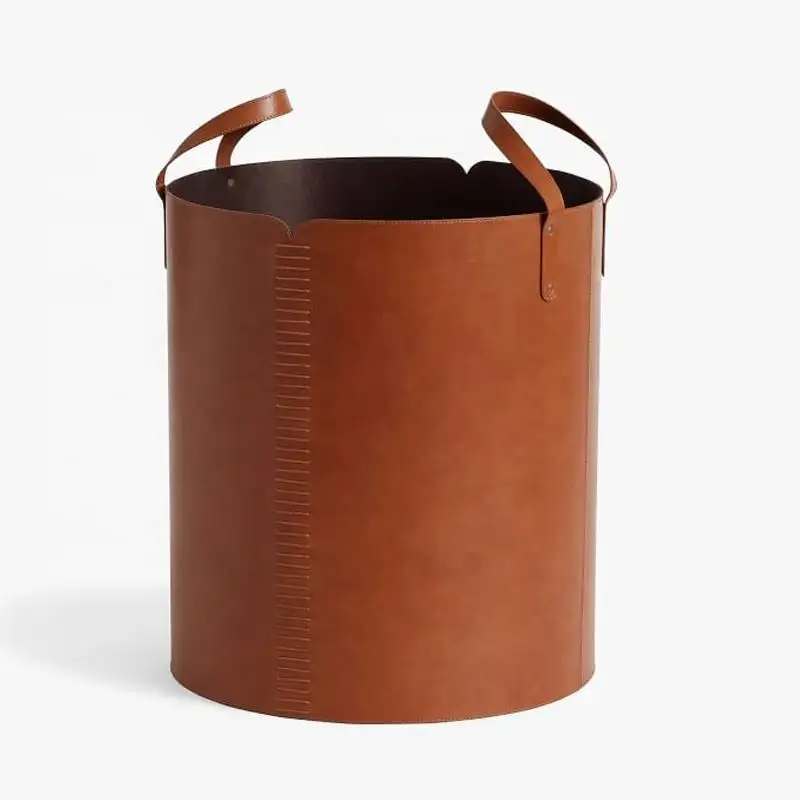 Custom Leather Round Handle Storage Basket Collection For Gifts Hamper Portable Book Organizer Living Room Basket