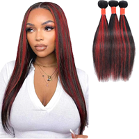 Extensions de cheveux humains vierges bruts vietnamiens, lisses, avec closure en dentelle à cuticules alignées, mèches ombrées 1B/99J rouge bordeaux avec mèches