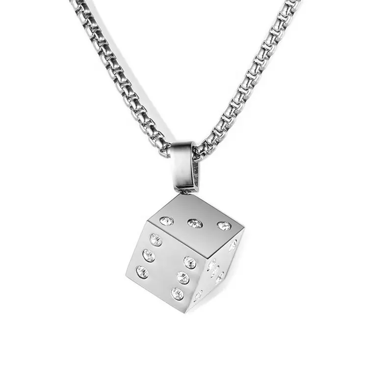 14mm dice pingente colar com cristal branco para homens aço inoxidável jóias personalização