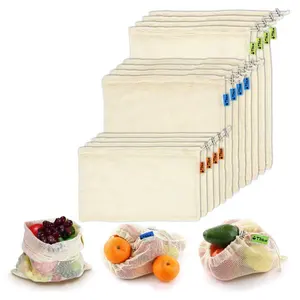 可重复使用的优质有机棉网眼杂货生产袋环保抽绳棉网袋水果
