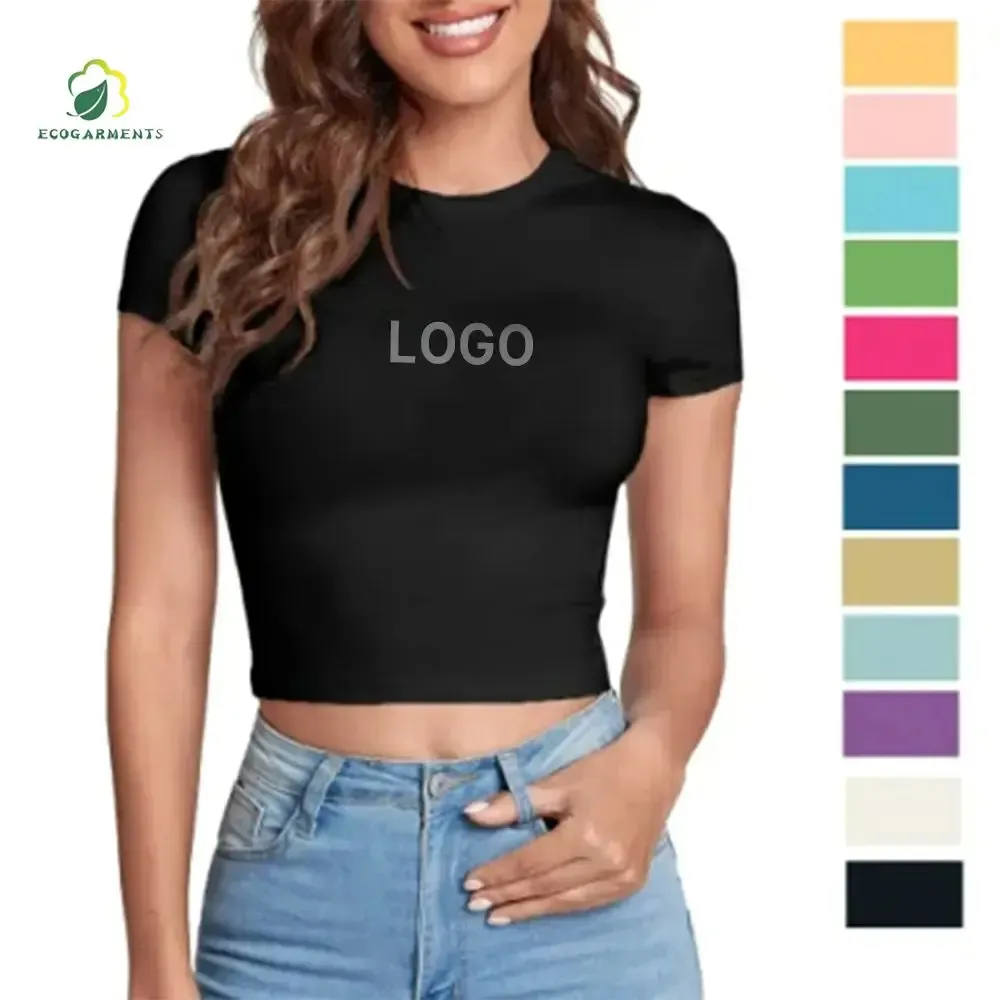 Pakaian ramah lingkungan kaus katun bambu organik Wanita Atasan Crop bayi Wanita dengan kaus Logo cetak kustom untuk kaus pas badan OEM