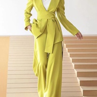 Yüksek sınıf büyük yaka Chic Blazer takım gevşek bacak pantolon ile tarz yastıklı omuz resmi kıyafet ceket ile bel kemeri