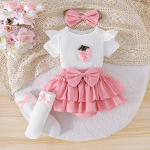 Set di Abbigliamento Estivo per <span class=keywords><strong>Neonata</strong></span> 3 Pezzi con Ricamo di Frutta Tutina per Neonati con Fascia per Capelli e Calzini - Product Image 1