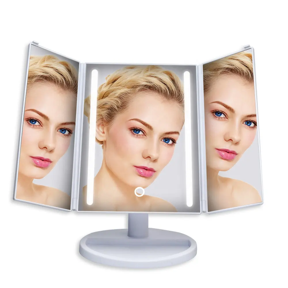 Espejo de maquillaje con luz led de cristal, espejo de maquillaje con triple pliegue, de escritorio, recargable y portátil, superventas