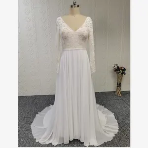 Bohemian beach style long sleeve chantilly lace chiffon deep v neck elegant bridal wedding dress