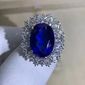 宝石女士8克拉经典合成蓝宝石精品珠宝S925纯银戒指VVS级椭圆形女性结婚戒指