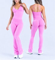Ensemble de vêtements de sport respirants pour femmes avec logo personnalisé, soutien-gorge de sport sans couture dos nu, leggings évasés, ensemble de yoga fitness 2 pièces, court
