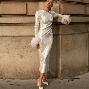 A8496 abito da donna <span class=keywords><strong>bianco</strong></span> stile europeo abito Midi <span class=keywords><strong>con</strong></span> paillettes a maniche lunghe da sera da donna - Product Image 1